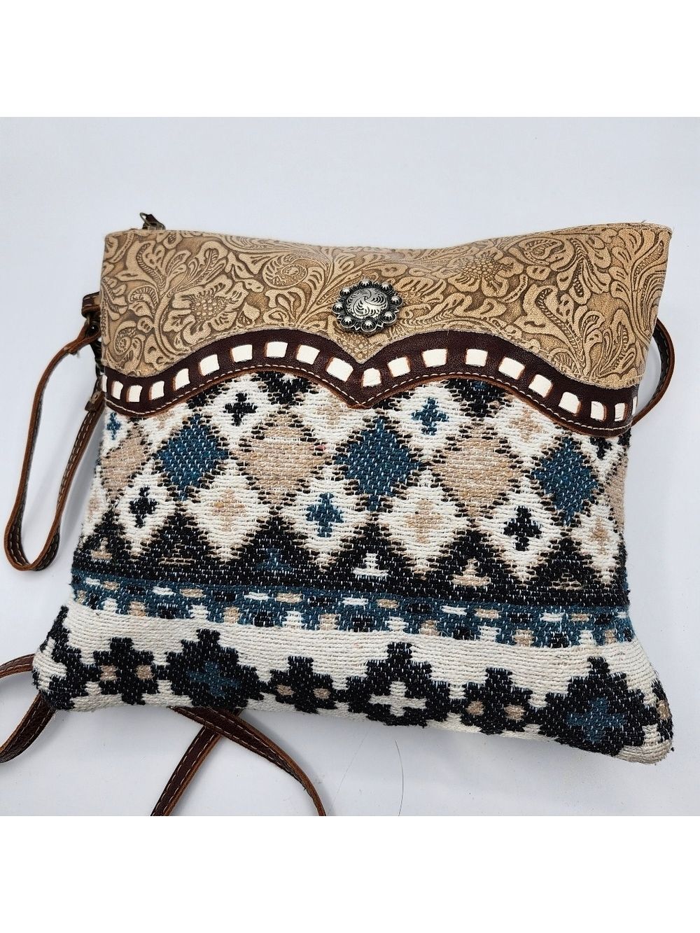 Myra Bag Leather & Cotton Tan and Blue Geometric Crossbody Bag